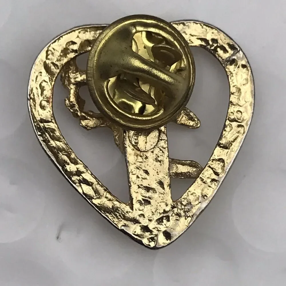 Gold Toned Pin Brooch Cupid Cherub Heart Embossed 3D Design Romantic Vintage